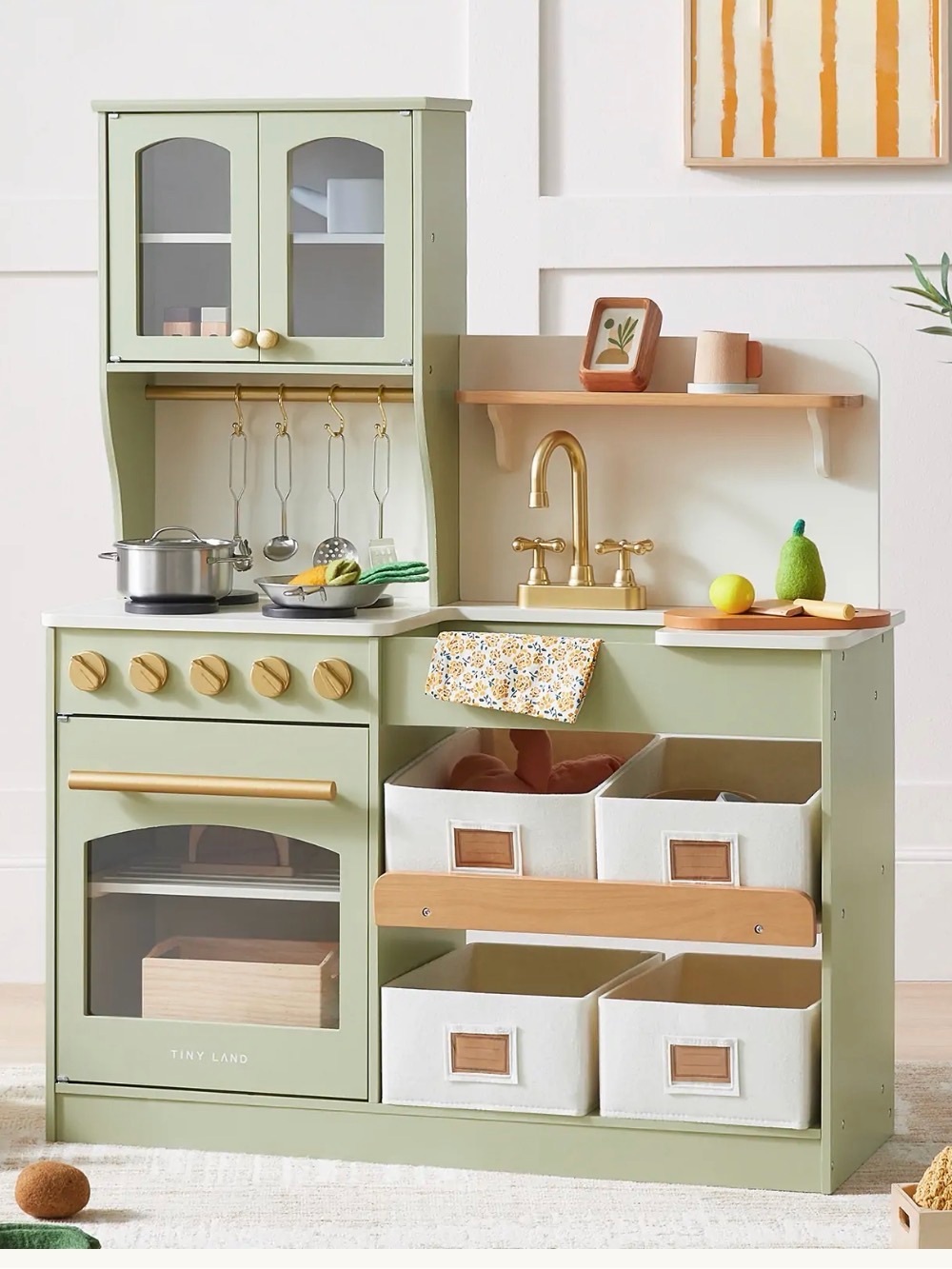 Green Play Kitchen with Cream Storage Bins